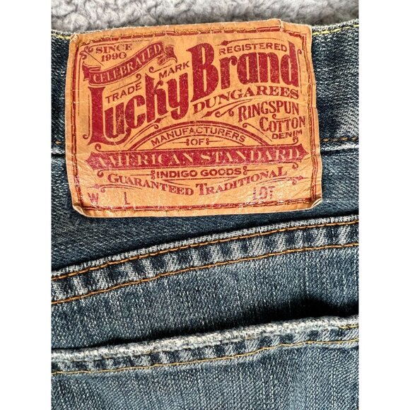 Lucky Brand Mens Jeans 38x33 Distressed Blue Dark Wash Stretch Denim Whiskers 🍀 - Picture 11 of 12